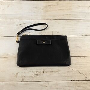 Black Faux Leather Bow Wristlet Clutch with Leopard Print Lining and Card Slot